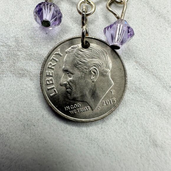 Purple Beaded US Dime Coin Dangle Earrings Pierced Pair - Picture 4 of 8